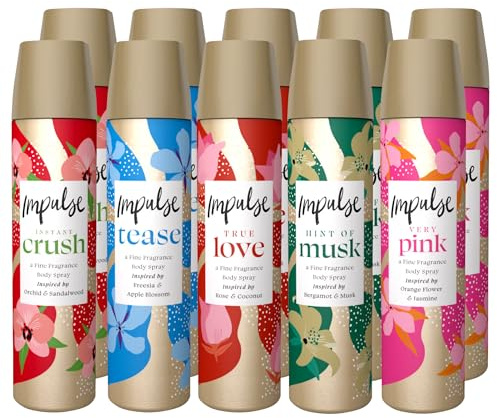Impulse Body Spray for Women Bundle – 10 x 75ml (5 Fragrances, Double Pack) Includes Very Pink, Hint of Musk, Tease, True Love & Instant Crush – Fresh, Long-Lasting Deodorant Sprays