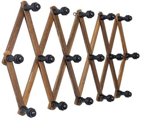 WodGod Accordion Wall Hanger with 16 Hooks, Walnut-Color Wooden Coat Rack for Wall, Expandable Hat Rack for Entryway, Bedroom & Closet Storage, Includes Protective Silicone Rings & Mounting Kit