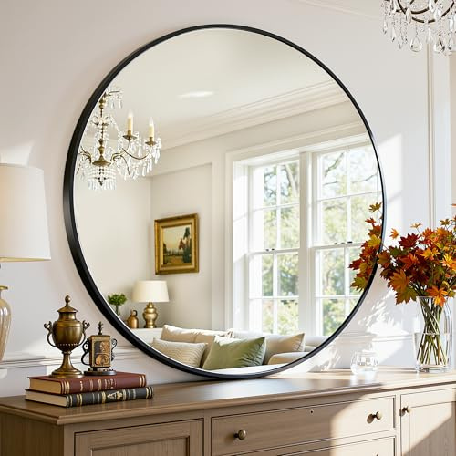 Antok Spiegel Rund, 61cm Schwarz Dekorative Wandspiegel für Bad, Eitelkeit, Wohnzimmer, Eingangsbereich, Runder Spiegel Hängend oder Lehnend, Aluminium Rahmen