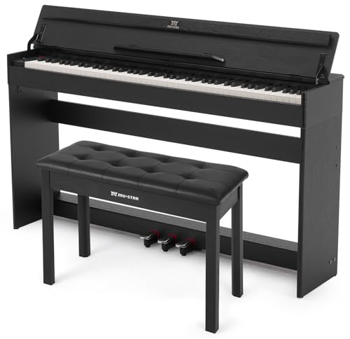 MUSTAR 88 Tasten Digitalpiano Set mit Klavierhocker und 3 Pedale, Schwarz | E-Piano Set mit halbgewichteten Tasten, Möbel-Ständer, Lautsprecher, USB-MIDI, 800 Töne und 600 Rhythmen für Anfänger