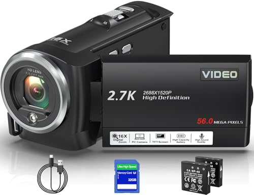 Delmodes 2.7K 56MP Camcorder Video Camera 16X Digital Zoom Vlogging Camera with LED Fill Light for YouTube, 2.8 Inch 270 Degree Rotation LCD Screen Camcorder with SD Card and Two Batteries