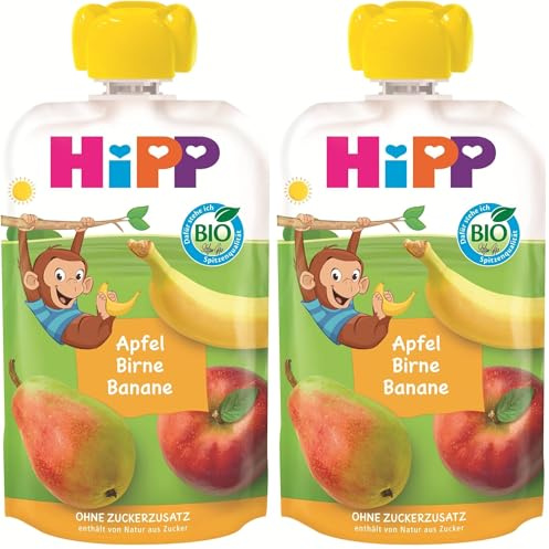 HiPP Bio Quetschie Apfel Birne Banane - Anton Affe (8 x 100g), ab 1 Jahr, 100% Fruchtpüree, ohne Zuckerzusatz, vegan, in bester Bio-Qualität (Packung mit 2)