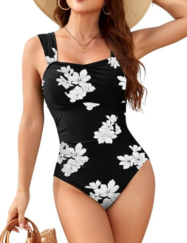 UMIPUBO Bañadores Mujer Reductore Barriga Vestido Traje De Baño Vientre Plano Pliegues Pecho Grande Cuello Cuadrado con Relleno Tirantes Anchos Estampado Verano Ropa De Baño
