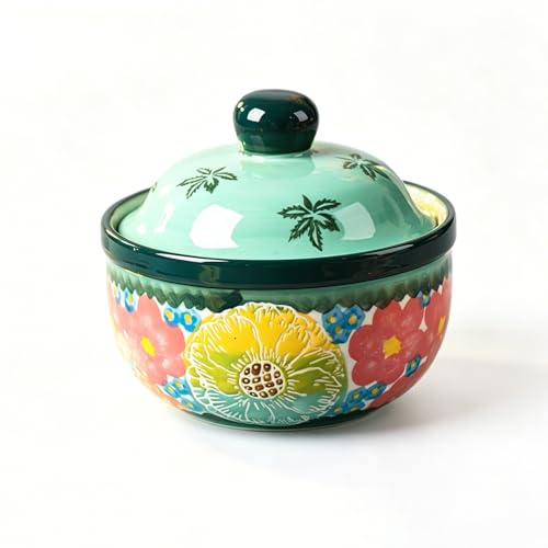 LUPATDY Mini Cocotte with Lid, 330 ml, Hand-Painted Ceramic Stew Pots, Multi-Purpose Bowls for Soup, Dessert, Eggs, Creme Brulee, Soufflé, Casserole Dish, Small, Microwave and Oven Safe (Green)