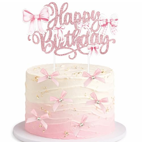 19 Pcs Pink Bow Cake Toppers, Glitter Happy Birthday Cake Topper with 18 Bows, Cute Bowknot Cupcake Decorations, Coquette Themed Bow Cupcake Toppers for Girls Women Princess Birthday Party (Pink)