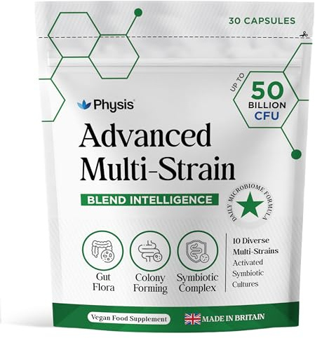 Physis Advanced Multi-Strain Bio Cultures 50 Billion CFU | Microbiome Symbiotic 10 Lab-Tested Live Strains | 30 Vegan Capsules up to 1 Month Supply | Shelf-Stable Gut Flora Supplement | British Made