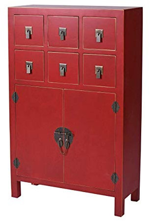 Chinesischer Hochzeitsschrank Hong Kong Rot – Authentisches Ming-Design, 2 Türen & 6 Schubladen, Holz/MDF, Intensiv Rot, Antik Patinierte Metallbeschläge, mya003 Palazzo Exklusiv