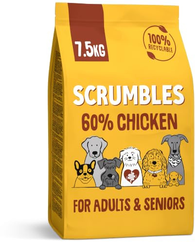 Scrumbles • Dry Dog Food • Hypoallergenic • All Lifestages • Chicken 60% • 7.5kg Bag • Natural Complete Adult Recipe • Gut Friendly Prebiotics & Probiotics • Gluten Free