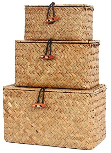 FEILANDUO Regalkörbe mit Deckel, handgewebt, klein, Seegras, Aufbewahrungskorb, Schreibtisch-Make-up-Organizer, Mehrzweck-Behälter (Natur, Kleiner 3er-Set (G/M/K))