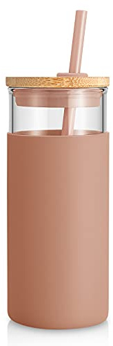 Tronco 20 oz Glass Tumbler with Lid and Straw, Reusable Iced Coffee Cup with Silicone Sleeve & Bamboo Lid, Smoothie Cup for Home, Office, for Father Men Day Gift from Wife Daughter Son (Coffee)