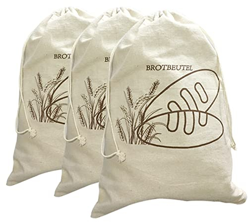 Leinen Brotbeutel,wiederverwendbar, mit Kordelzug, groß, ungebleicht, Baguette,selbstgemachtes Brot und weitere Lebensmittel, E-Book Zur platzsparenden Brotaufbewahrung (30 x 40cm), 3er Set