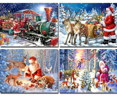 Manqyi 4 Stücke 5D Weihnachten Diamond Painting, Santa Claus DIY 5D Diamant Malerei Kit, Weihnachtsmann Kristall Strass Stickerei, Weihnachten Diamond Painting Set, für Home Wanddekoration (30x40CM)