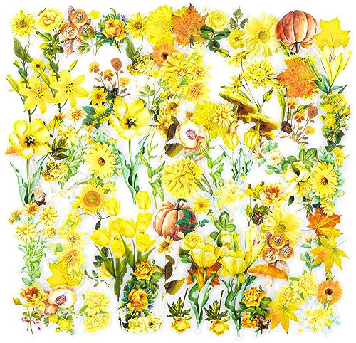 100 Gelbe Blumen-Aufkleber: Vintage Blumen & Pflanzen Transparente Dekorative Aufkleber für Scrapbooking, DIY, Fotoalben, Planer, Kalender & Notizbücher