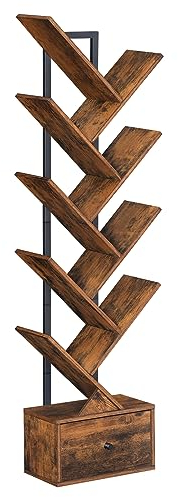 HOOBRO Bücherregal mit Schublade, Standregal mit 9 Ebenen, Baumförmiges Bücherregal, DVD Regal, Bücherturm Freistehend, für Wohnzimmer, Schlafzimmer, Heimbüro, Vintagebraun EBF18SJ01G1