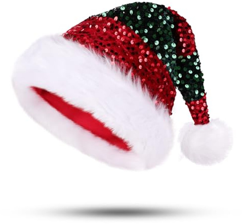 PUZAUKAL Weihnachtsmütze Pailletten Nikolausmütze Elf Erwachsene Unisex Santa Mütze Warme und Bequeme Extra Weich für Weihnachten Neujahr Festliche Weihnachtsfeier