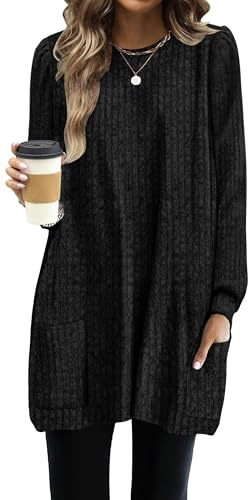 OFEEFAN Plus Size Tunic Tops for Women Long Sweaters with Pockets Trendy Black 2XL