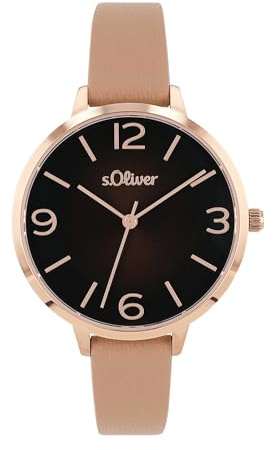 s.Oliver Armbanduhr Damen Quarzuhr analog, mit Leder Armband, Gold, 3 bar wasserfest, Kommt in Uhren Geschenk Box, 2036549