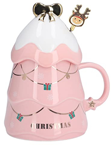 oceanside Taza Navideña De Cerámica De Gran Capacidad De 500ml, Taza De Café con Tapa para Té Y Leche, Hogar(Rosa)