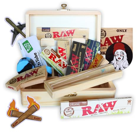 Boîte en bois pour le stockage 16 x 12 x 5 – Kit pour fumeurs + Accessoires pour cigarettes : Papier à rouler Raw + Bulldog + Actitube + Wax + 4 x autocollant