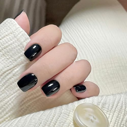 Ceboic 24 Stück Kurz Künstliche Nägel, French Kunstnägel Press on Nails Rein Farbe Fake Nägel zum Aufkleben mit Design, Schwarz Ballerina Acryl Falsche Nägel Square für Frauen Mädchen Nail Art