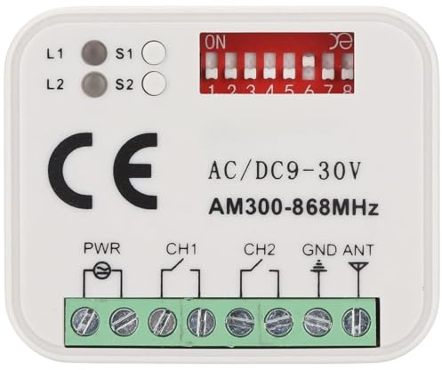 Receptor universal compatible con Verano 4796V000, 4796V001, 4796V002, 4754V001, 4754V000, 4757V001 868,8 MHz. Receptor de radio de 2 canales 433-868 mhz. Código Rolling/Fixed 12 – 24 VAC/DC