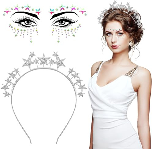 Lets Joy Sterne Haarreif, Silber Sterne Stirnband, Sterne Gesichtstattoo Karneval, Strass Haarbänder, Stern Kristalle Temporäre Tattoos, Glitzer Stern Party Kopfschmuck Tätowierung Cosplay Festival