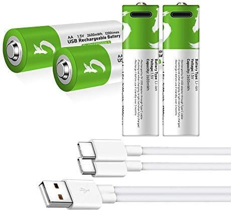 USB-C AA Lithium Ion Rechargeable Battery LED Charging Indicator 4 Pieces 1 5V / 2600Mwh High-Capacity AA Battery C-Type Port 1 5H Fast Charging The Battery Can Be Recycled 1200 Times