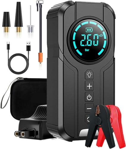 DéMarreur Voiture Portable avec Compresseur d'air, DéMarreur Batterie Voiture 10000 mAh (5,0 Gaz/3,0 L Diesel), BoîTe Saut Pointe 12 V 1000 A, DéMarreur Batterie Voiture avec Affichage(Black)