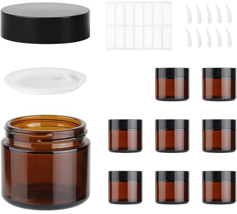 MirraSwit 8 Pezzi Marrone Vasetti Vetro 60ml, Vetro Contenitori Creme, Barattoli per Crema Marrone, Contenitori per Cosmetici con Cucchiaio Raschiatore per Cosmetici, Creme, Lozioni