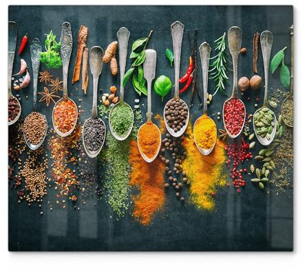 DEQORI Herdabdeckplatte Glas | einteilig 60x52 cm | Motiv Aromatisches Mosaik | Ceranfeld Abdeckplatte für Küche | Herd-Abdeckung universal | Glasplatte & Schneidebrett für Kochplatten
