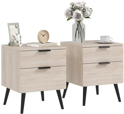 HOMCOM Lot de 2 Tables de Chevet, Table de Nuit, Style Nordique Moderne, avec tiroir à Deux Niveaux, Pieds en Bois Massif, pour Chambre à Coucher, Salon, Effet Bois de chêne