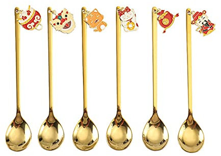 Tenedor de acero inoxidable, cuchara de café, tenedor pequeño, cuchara de postre, cuchara/tenedor de primavera, festival de primavera, tema de Año Nuevo