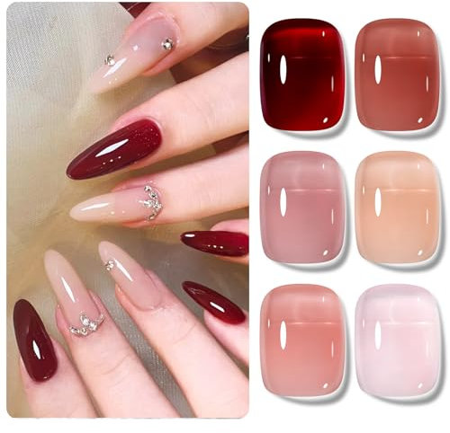 Shining She Vernis Semi Permanent Transparent, 6 Couleurs Rose Nude Rouge Cristal Translucide Vernis à Ongles Soak Off UV/LED French Semi Permanent Manucure Kit pour Salon De Manucure DIY Home, 8 ML