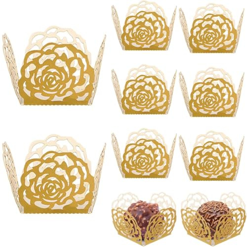 KOSTOO 50 st tryffelomslag, chokladpappersmuggar, mini bakformar papper, omslagsfoder, choklad, godis, packning, separerande brickor för dusch, födelsedag, bröllopsfest (guld)