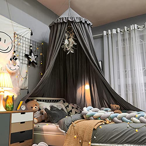 JNTFNE Betthimmel für Mädchen und Jungen, Einzel- und Doppelbett, rund, Kuppelbett, Moskitonetz, Schutzdach, Spielzelt, Schlafzimmer, Kinderzimmerdekoration, hängendes Vorhangnetz (gerüschtes Grau)