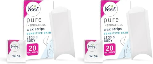 Veet Pure Cold Wax Strips For Legs & Body, Sensitive Skin, 20 Count + 2 Finish Wipes, Hypoallergenic Hair Removal, 28 Days Smoothness, Removes From Root (Packaging Varies) (Pack of 2)