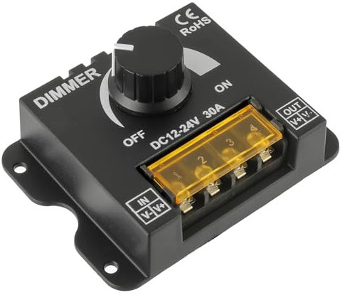 HUAREW Dimmer de tira de luz led,DC 12v - 24V 30a PWM regulador de luz, Con botón de encendido/apagado para ajustar el brillo, Carcasa de aluminio, Adecuado para 5050 3528 LED