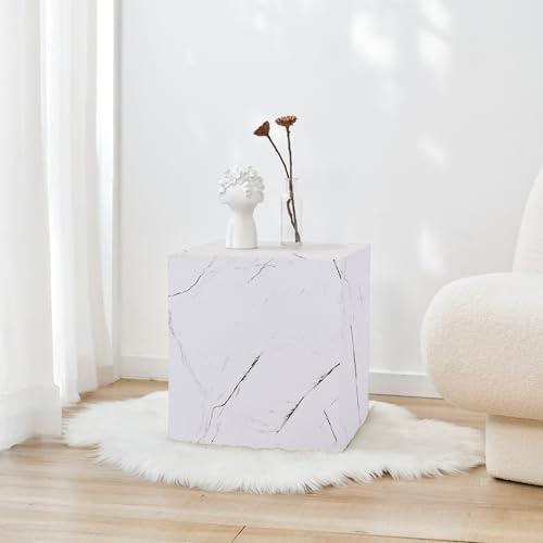[en.casa] Tavolino a Forma di Cubo Tavolo Basso da Caffè Tavolino Laterale da Divano Comodino 45 x 40 x 40 cm - Effetto Marmo Bianco