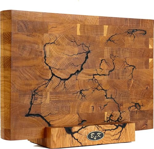 B4K® Hackblock mit Ständer aus Eiche 35x25x4 cm | Lichtenberg-Blitze Design | Premium Hirnholzbrett mit Griffen | Handgefertigtes Schneidebrett | Antibakteriell & Messerschonend