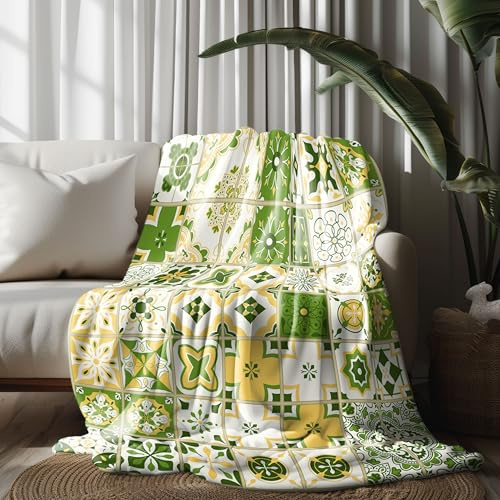 Kioldoq Couverture Microfibre Chaude Patchwork Geometrique, Plaid Canapé Fourrure Européen Vert Peluche, Couverture Polaire en Flanelle Rural Mode, Jeté De Canape 200x230 cm