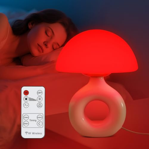 LemSen Mushroom Red Light Lamp for Sleep, 670nm Deep Sleep Red Night Light - 4 Color and 5 Dimmable, Remote Control with 30-90min Timer, Bedroom LED Nightstand Lamp, Glass Shade White Ceramic Base