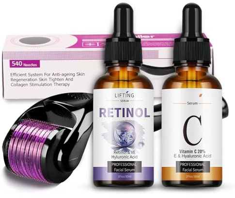 Shefave Micro Needling Set, Vitamin C & Retinol Serum, Derma Roller 0.5 mm mit Vitamin C Serum Gesicht, 540 Titanium Dermaroller, Pigmentflecken Entferner, Anti-aging Micro Infusion System
