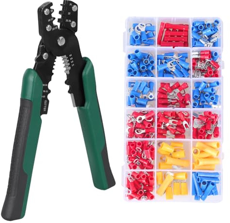 FUNANASUN Crimpzange Kabelschuhe Set, Kabelschuhzange Crimpzange für 0.08-6mm², Drei-in-Eins-Multifunktion Crimping Pliers, Isolierte Kabelschuhe Set mit 300 Stück Kabelschuhen, Krimpzange (AWG 28-10)