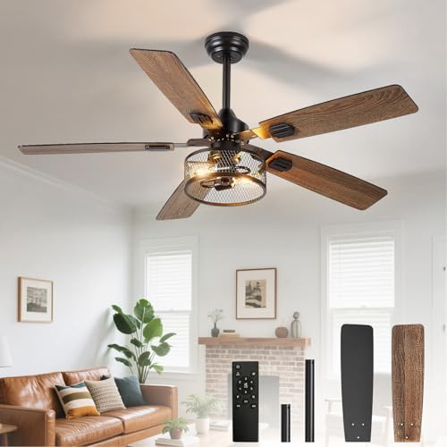 Depuley Ventilateurs de plafond 52 pouces avec éclairage: Ventilateurs de plafond à cage Double finition 5 pales - Ventilateur de plafond rustique avec télécommande pour salon industriel extérieur