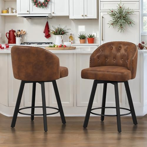 LUE BONA 360°Drehbarer Barhocker 2er Set mit Lehne,65 cm Hoch–Barstuhl Metall mit 8cm Kunstleder Sitzfläche,Bar Hocker mit 4 Metallbeinen,Moderner Barstuhl für Küche,Theke,Braun