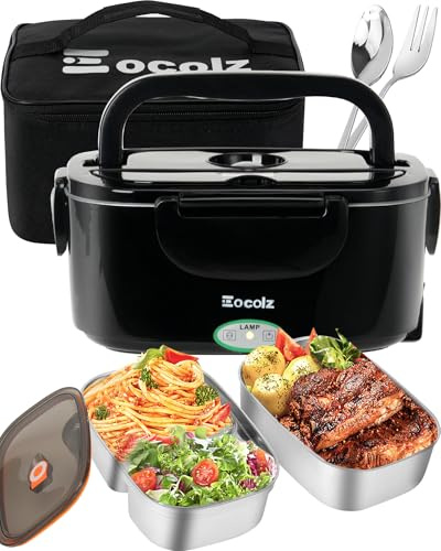 Eocolz Elektrische Lunchbox Food Heater 80-100W, Speisenwärmer mit Doppelbehälter 1,5L Tragbare Beheizte Lunchbox für Auto LKW Arbeit Edelstahl Gabel & Löffel 12/24/110V für Erwachsene (Schwarz)