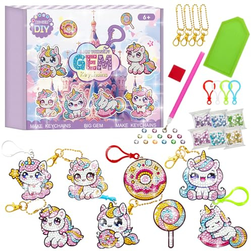 5D Diamantmålning Hänge Set, CAYUDEN 8 Stycken Djur Gör-Det-själv Diamant Nyckelring Enhörning Ornament Diamond Painting Keychain Karikatyr ädelsten Hänge Nyckelringar för Vuxen Kvinna Gem Art Kit