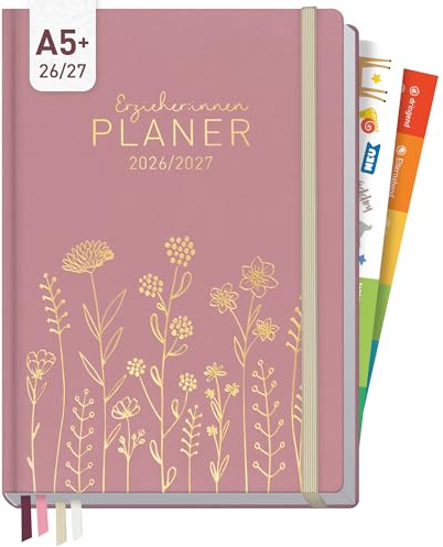 Häfft® Erzieher-Planer 2026/2027 Kita-Planer A5 Fine Flowers rosé | Pädagogischer Wochenplaner für Erzieherinnen, Stickern & 4 Lesebändchen und Kunstleder-Einband von Aug 2026 bis Aug 2027
