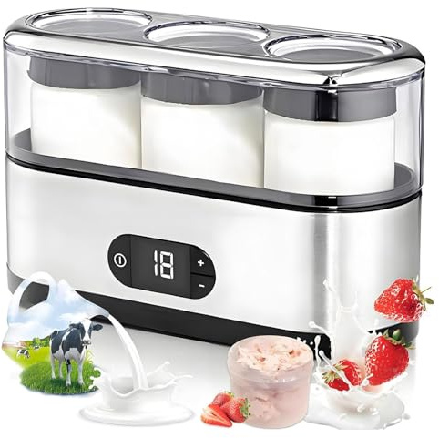 Yogurtera automática con 3 tarros de cristal, yogurtera eléctrica de 450 ml con pantalla LCD, temperatura de fermentación 42 °C, máquina para hacer yogur multifunción para oficina, fitness yoga