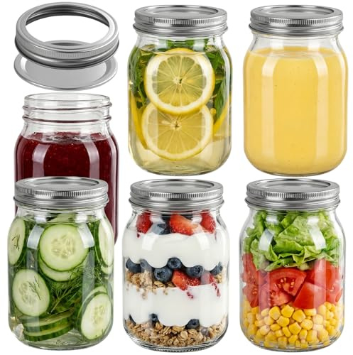 Otauoaea Lot de 6 Mason Jars 500ml Bocaux Mason,Bocaux en Verre pour Overnight Oats,Bocal en Verre avec Couvercle Hermétique,Pot Conservation Verre Bocal à Pickles pour Confiture, Yaourt, Miel, Salade